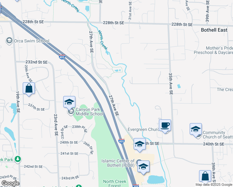 map of restaurants, bars, coffee shops, grocery stores, and more near 23525 27th Avenue Southeast in Bothell