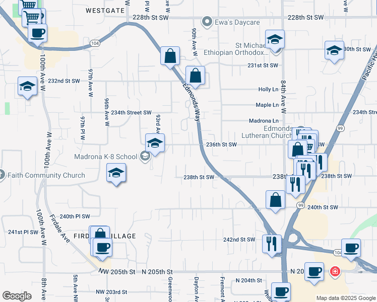 map of restaurants, bars, coffee shops, grocery stores, and more near 23702 91st Avenue West in Edmonds