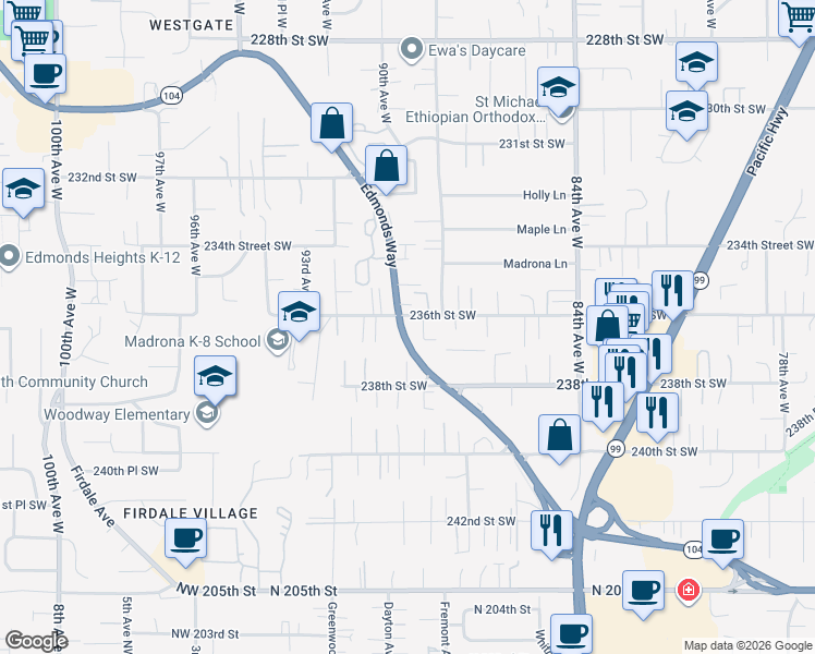 map of restaurants, bars, coffee shops, grocery stores, and more near 9013 236th Street Southwest in Edmonds
