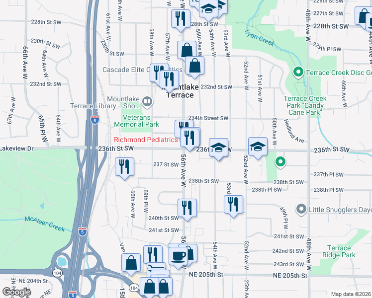 map of restaurants, bars, coffee shops, grocery stores, and more near in Mountlake Terrace