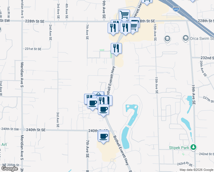 map of restaurants, bars, coffee shops, grocery stores, and more near 910 234th Street Southeast in Bothell