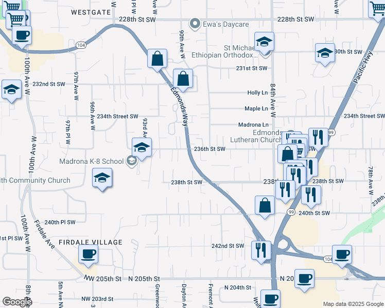 map of restaurants, bars, coffee shops, grocery stores, and more near 9013 236th Street Southwest in Edmonds
