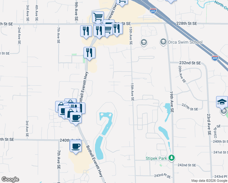 map of restaurants, bars, coffee shops, grocery stores, and more near 13 Avenue Southeast in Bothell