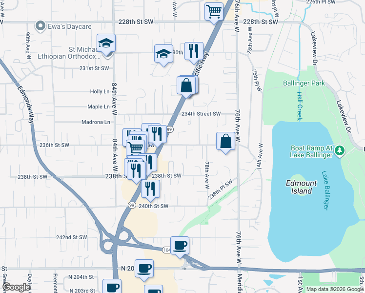 map of restaurants, bars, coffee shops, grocery stores, and more near 7919 236th Street Southwest in Edmonds