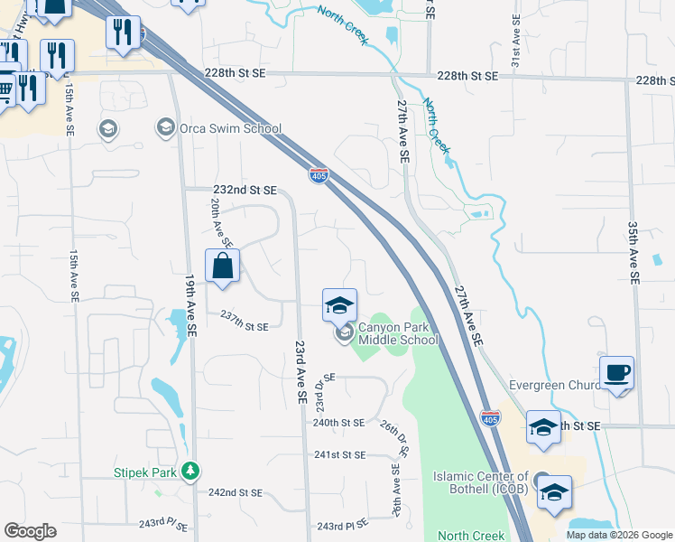 map of restaurants, bars, coffee shops, grocery stores, and more near 23502 25th Drive Southeast in Bothell