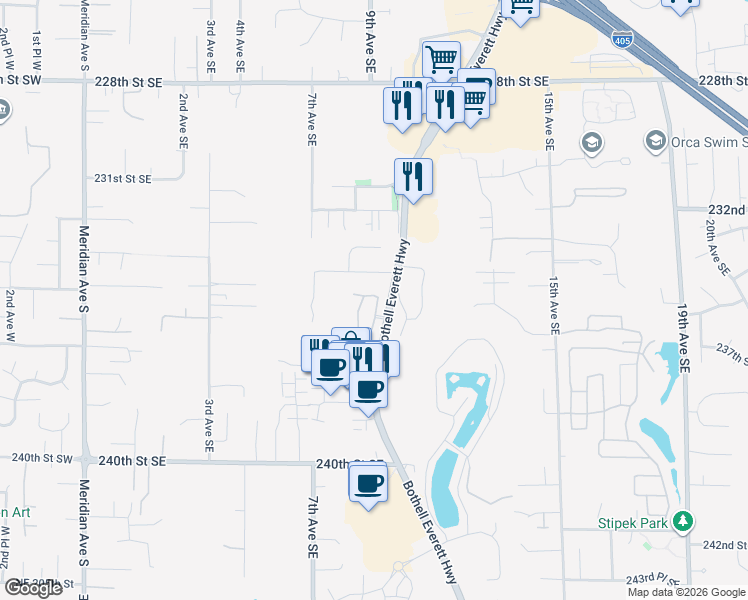 map of restaurants, bars, coffee shops, grocery stores, and more near 910 234th Street Southeast in Bothell