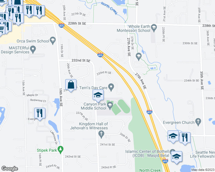 map of restaurants, bars, coffee shops, grocery stores, and more near 23502 25th Drive Southeast in Bothell