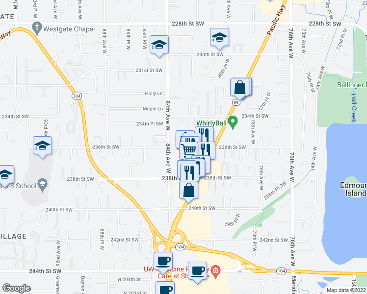 map of restaurants, bars, coffee shops, grocery stores, and more near 8298 236th Street Southwest in Edmonds