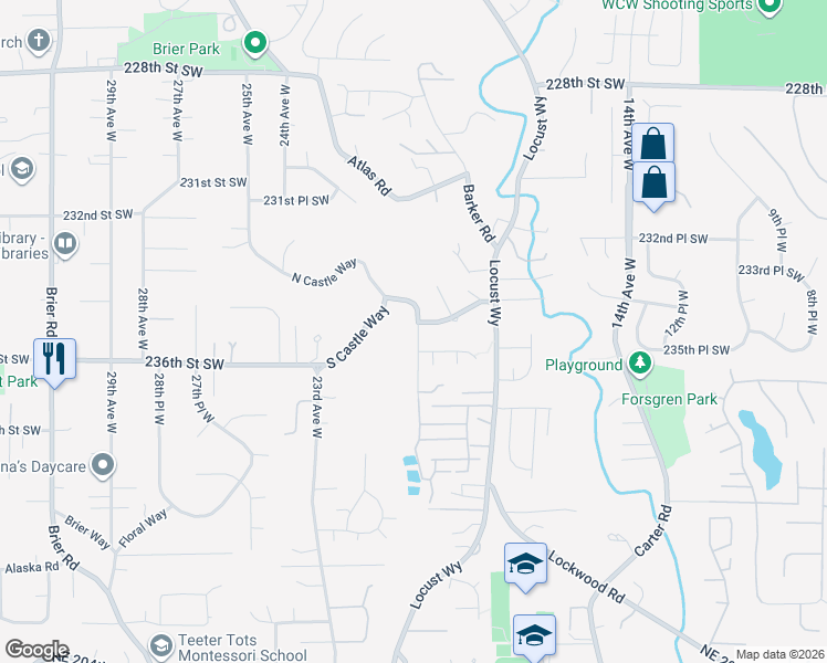 map of restaurants, bars, coffee shops, grocery stores, and more near 23432 20th Avenue West in Bothell