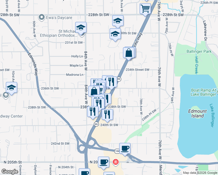 map of restaurants, bars, coffee shops, grocery stores, and more near 8125 236th Street Southwest in Edmonds