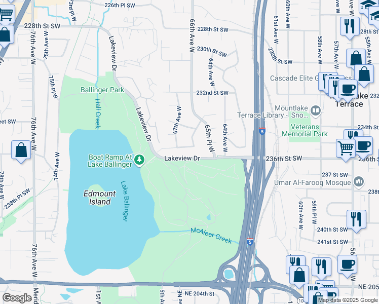 map of restaurants, bars, coffee shops, grocery stores, and more near 6604 235th Street Southwest in Mountlake Terrace