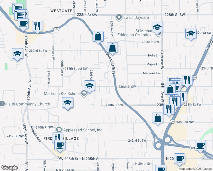 map of restaurants, bars, coffee shops, grocery stores, and more near 9111 236th Street Southwest in Edmonds