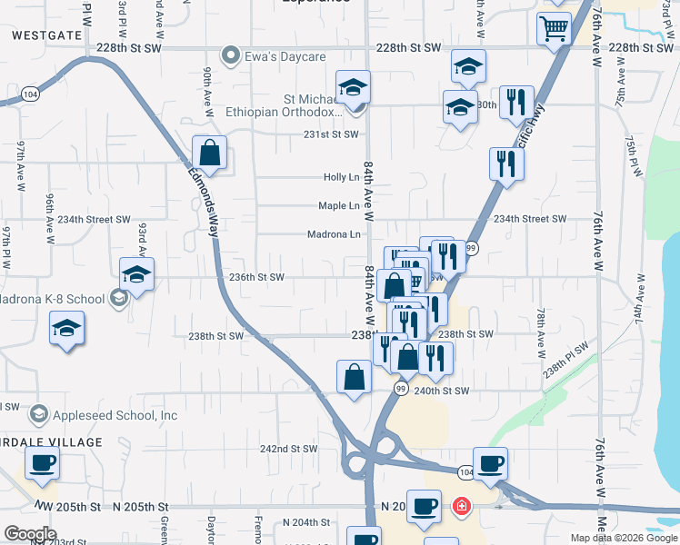 map of restaurants, bars, coffee shops, grocery stores, and more near 8505 236th St SW in Edmonds