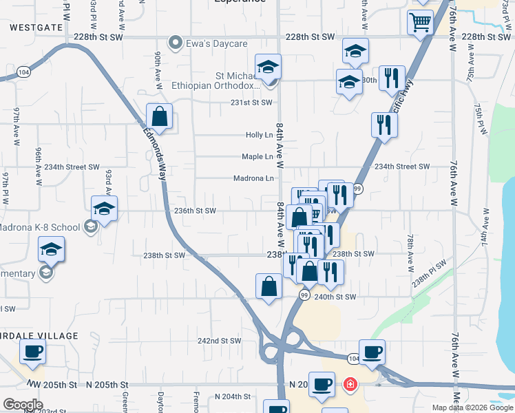 map of restaurants, bars, coffee shops, grocery stores, and more near 23518 84th Avenue West in Edmonds