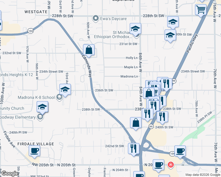 map of restaurants, bars, coffee shops, grocery stores, and more near 8703 236th Street Southwest in Edmonds
