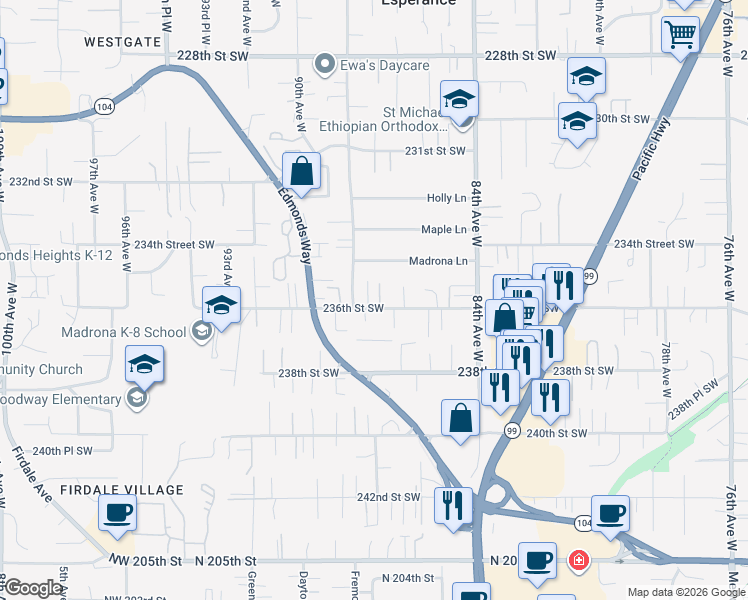 map of restaurants, bars, coffee shops, grocery stores, and more near 8703 236th Street Southwest in Edmonds