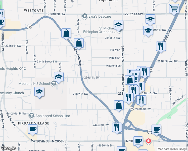 map of restaurants, bars, coffee shops, grocery stores, and more near 8703 236th Street Southwest in Edmonds