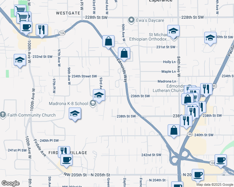 map of restaurants, bars, coffee shops, grocery stores, and more near 9111 236th Street Southwest in Edmonds