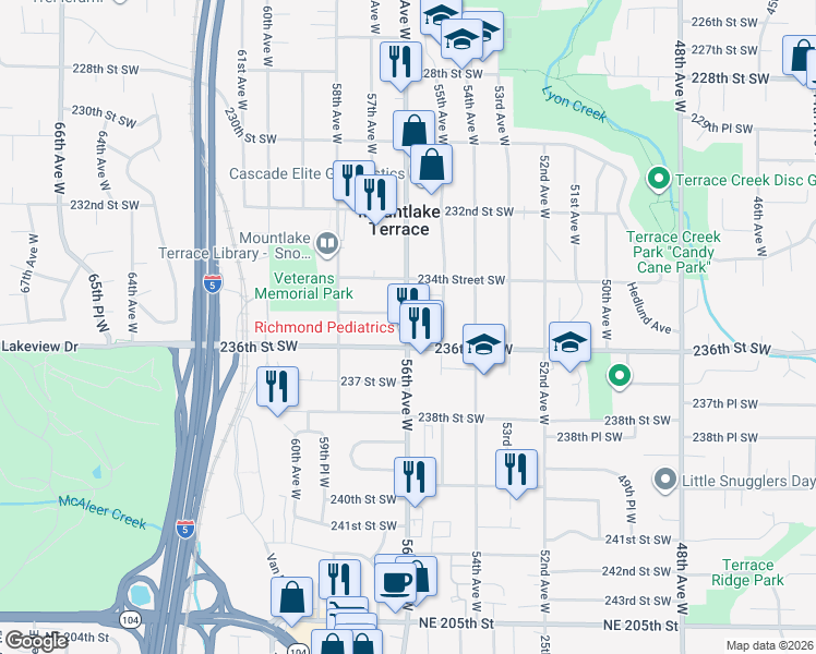 map of restaurants, bars, coffee shops, grocery stores, and more near 23511 56th Avenue West in Mountlake Terrace