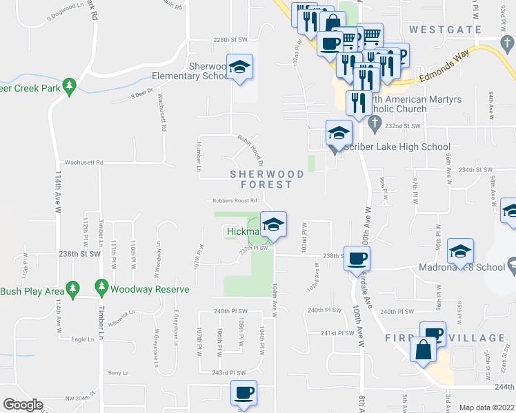 map of restaurants, bars, coffee shops, grocery stores, and more near 23520 Robin Hood Drive in Edmonds