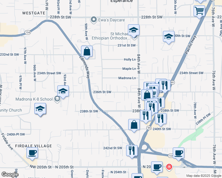 map of restaurants, bars, coffee shops, grocery stores, and more near 8703 236th Street Southwest in Edmonds