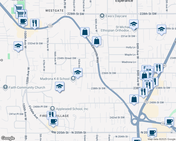 map of restaurants, bars, coffee shops, grocery stores, and more near 9111 236th Street Southwest in Edmonds