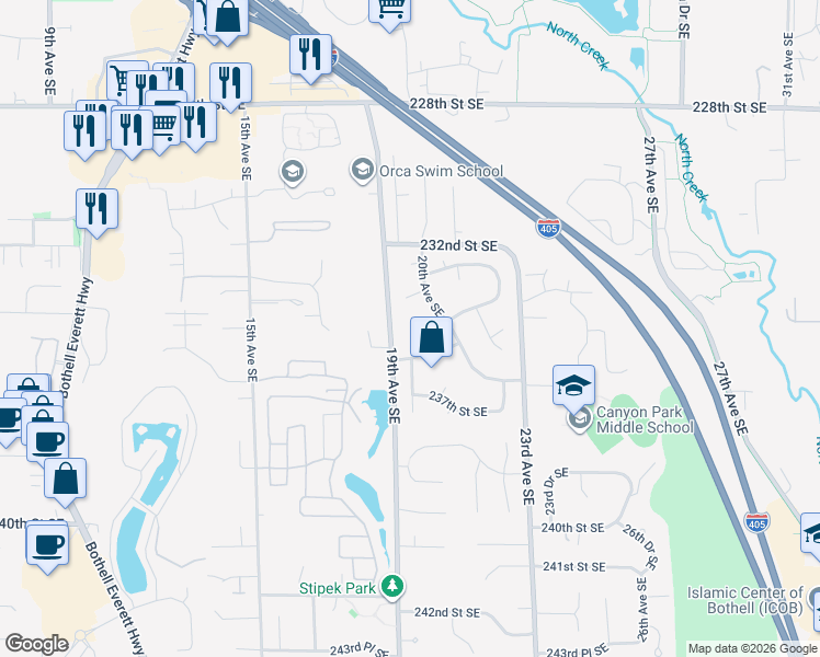 map of restaurants, bars, coffee shops, grocery stores, and more near 23327 19th Drive Southeast in Bothell
