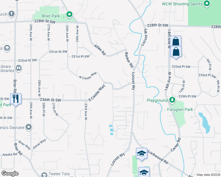 map of restaurants, bars, coffee shops, grocery stores, and more near 23432 20th Avenue West in Bothell