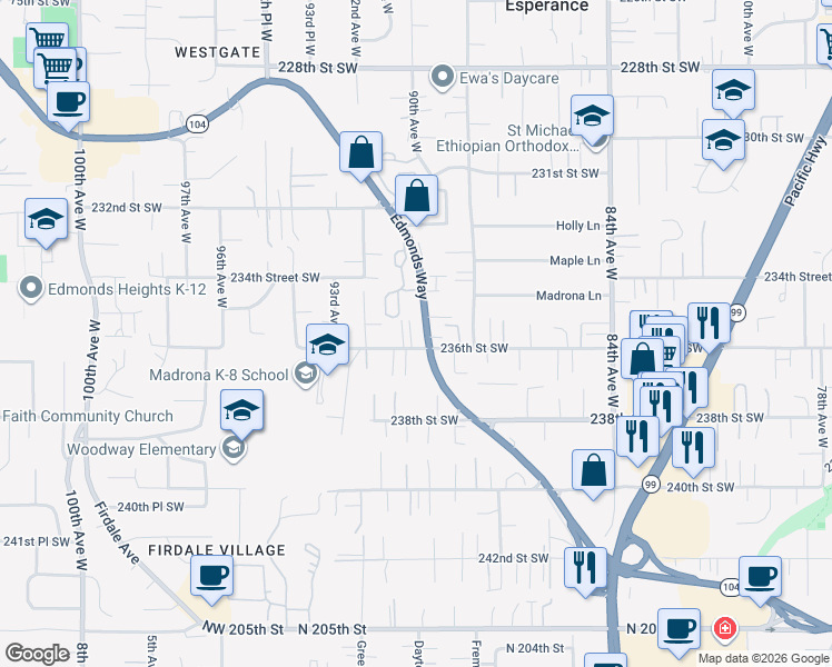 map of restaurants, bars, coffee shops, grocery stores, and more near 9013 236th Street Southwest in Edmonds