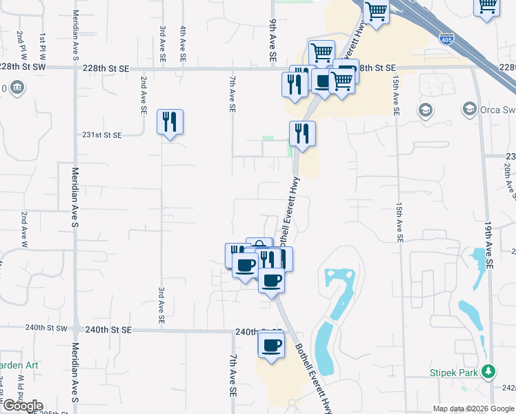 map of restaurants, bars, coffee shops, grocery stores, and more near 802 234th Street Southeast in Bothell