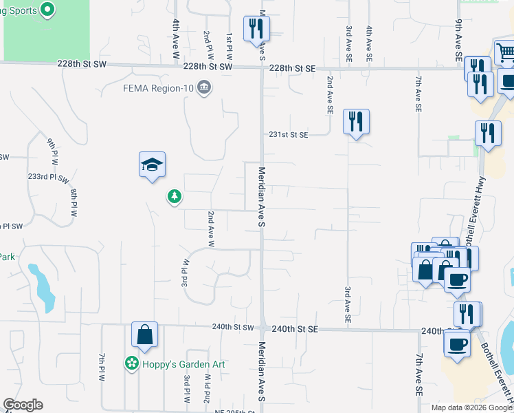 map of restaurants, bars, coffee shops, grocery stores, and more near 7 234th Place Southwest in Bothell