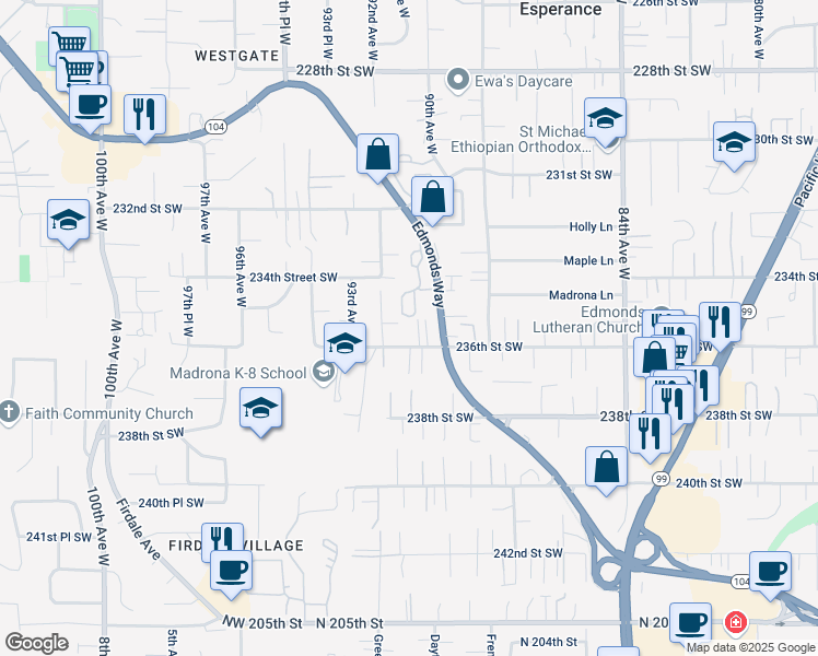 map of restaurants, bars, coffee shops, grocery stores, and more near 9111 236th Street Southwest in Edmonds