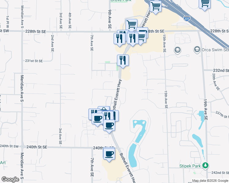 map of restaurants, bars, coffee shops, grocery stores, and more near 910 234th Street Southeast in Bothell