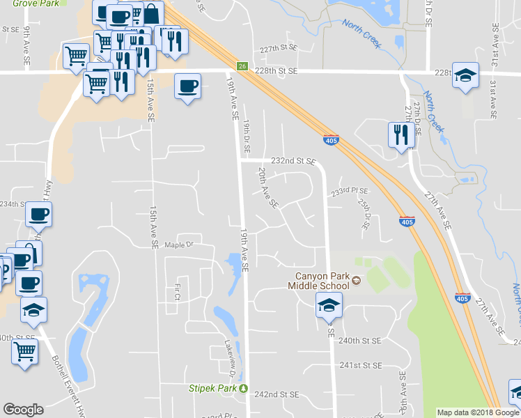 map of restaurants, bars, coffee shops, grocery stores, and more near 23327 19th Drive Southeast in Bothell