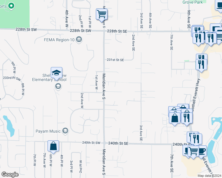 map of restaurants, bars, coffee shops, grocery stores, and more near 23 234th Place Southeast in Bothell