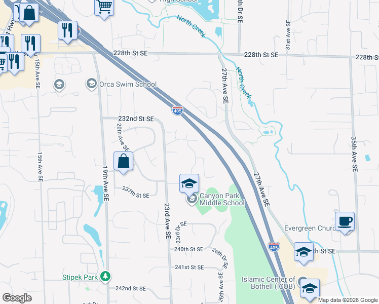 map of restaurants, bars, coffee shops, grocery stores, and more near 23314 25th Place Southeast in Bothell