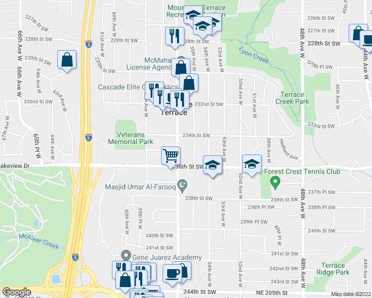 map of restaurants, bars, coffee shops, grocery stores, and more near 23503 55th Avenue West in Mountlake Terrace