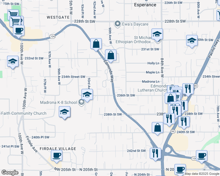 map of restaurants, bars, coffee shops, grocery stores, and more near 9013 236th Street Southwest in Edmonds