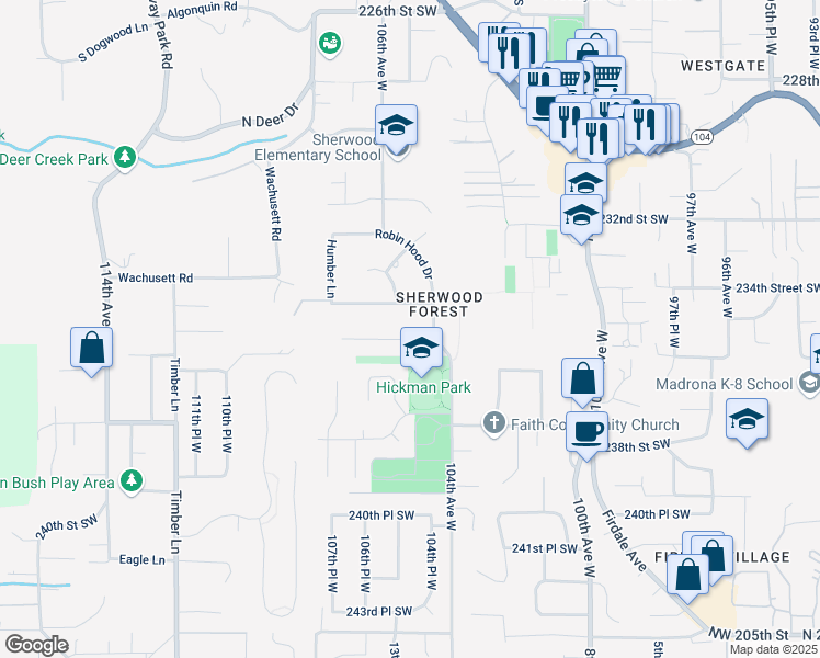 map of restaurants, bars, coffee shops, grocery stores, and more near 23520 Robin Hood Drive in Edmonds