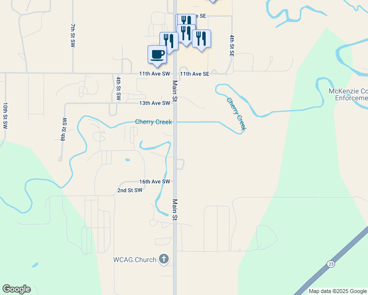 map of restaurants, bars, coffee shops, grocery stores, and more near 1401 Main Street in Watford City