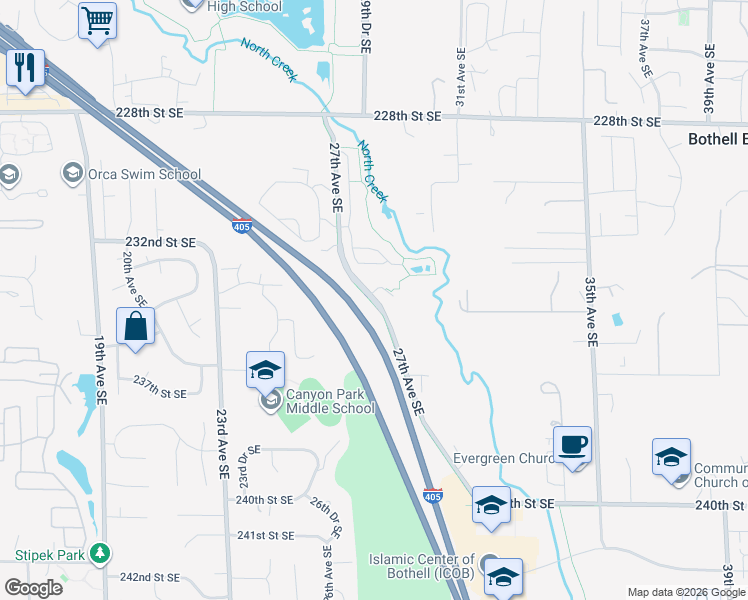 map of restaurants, bars, coffee shops, grocery stores, and more near 23340 27th Avenue Southeast in Bothell