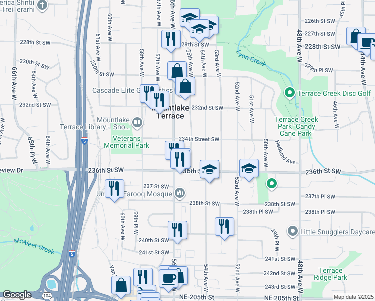 map of restaurants, bars, coffee shops, grocery stores, and more near 23428 55th Avenue West in Mountlake Terrace