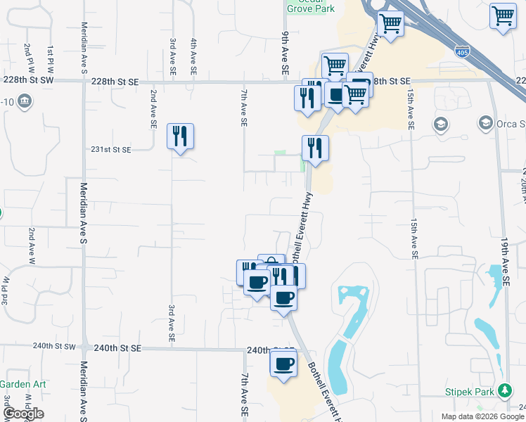 map of restaurants, bars, coffee shops, grocery stores, and more near 802 234th Street Southeast in Bothell