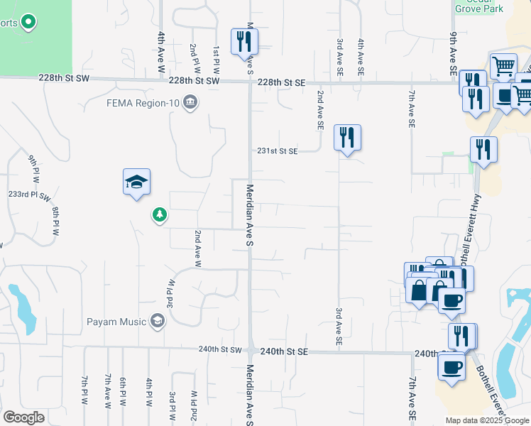 map of restaurants, bars, coffee shops, grocery stores, and more near 23 234th Place Southeast in Bothell