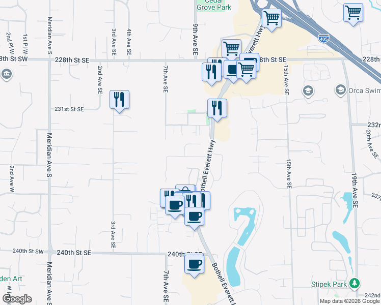 map of restaurants, bars, coffee shops, grocery stores, and more near 802 234th Street Southeast in Bothell