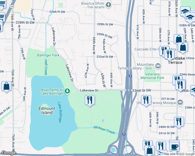 map of restaurants, bars, coffee shops, grocery stores, and more near 6604 235th Street Southwest in Mountlake Terrace