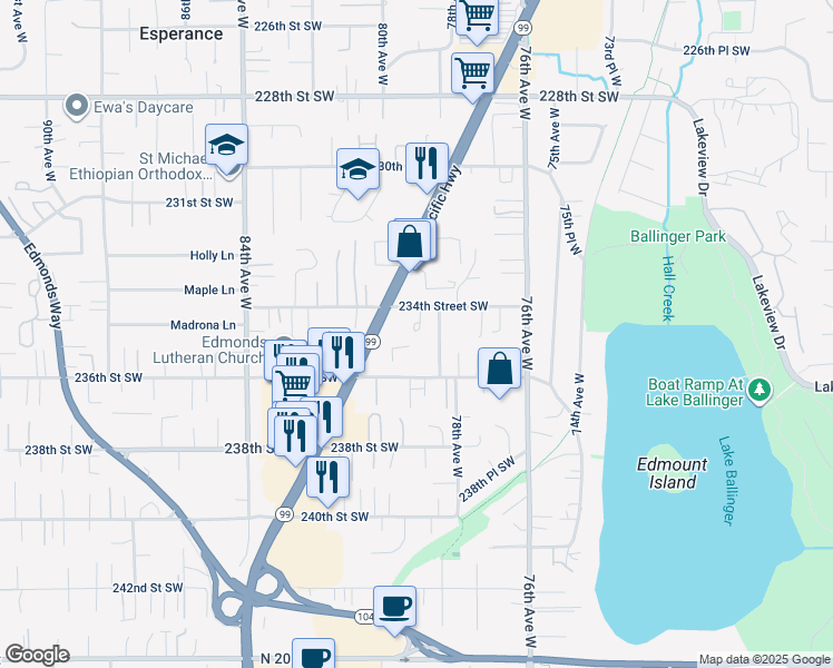 map of restaurants, bars, coffee shops, grocery stores, and more near 7919 236th Street Southwest in Edmonds
