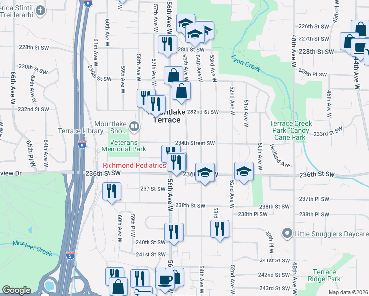 map of restaurants, bars, coffee shops, grocery stores, and more near 23306 55th Avenue West in Mountlake Terrace