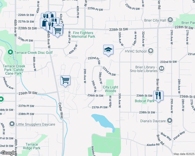 map of restaurants, bars, coffee shops, grocery stores, and more near 23305 39th Place West in Brier