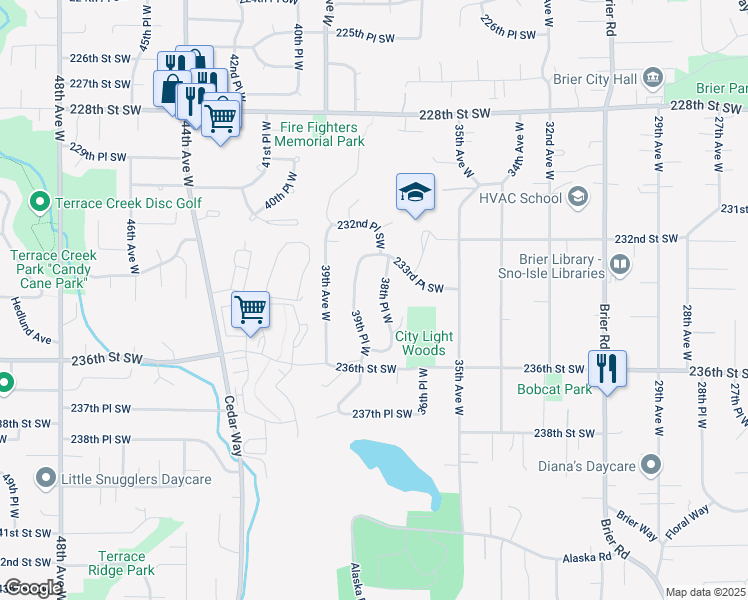 map of restaurants, bars, coffee shops, grocery stores, and more near 23305 39th Place West in Brier